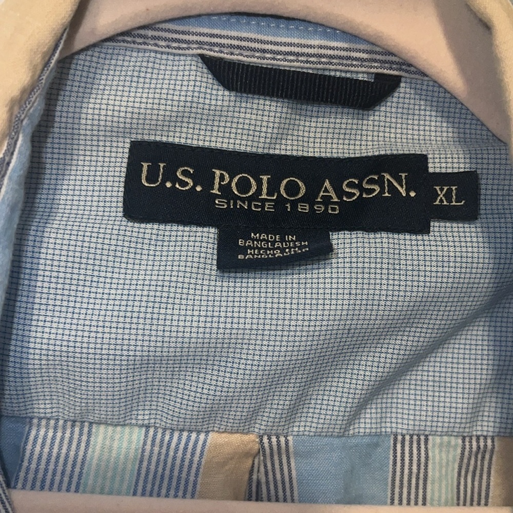 Men's U.S. Polo Assn. Blue and Tan Striped Button-Up Shirt - Picture 2 of 5